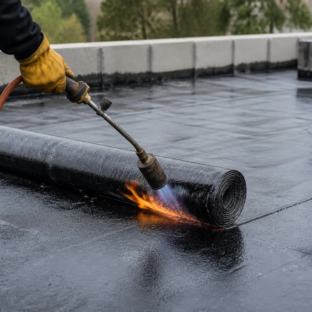 Pose d’une membrane bitumineuse au chalumeau sur toiture-terrasse