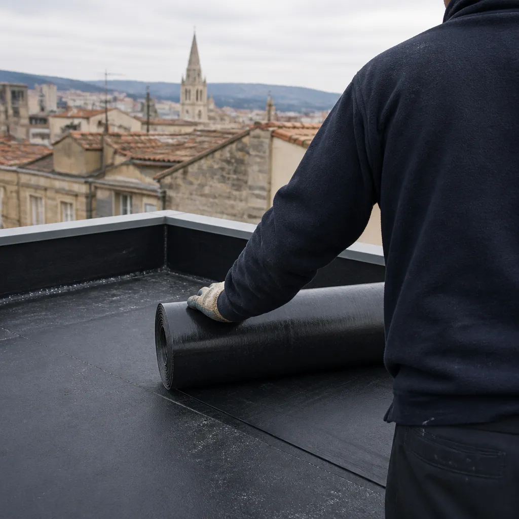 Intervention sur une toiture-terrasse en cours de traitement